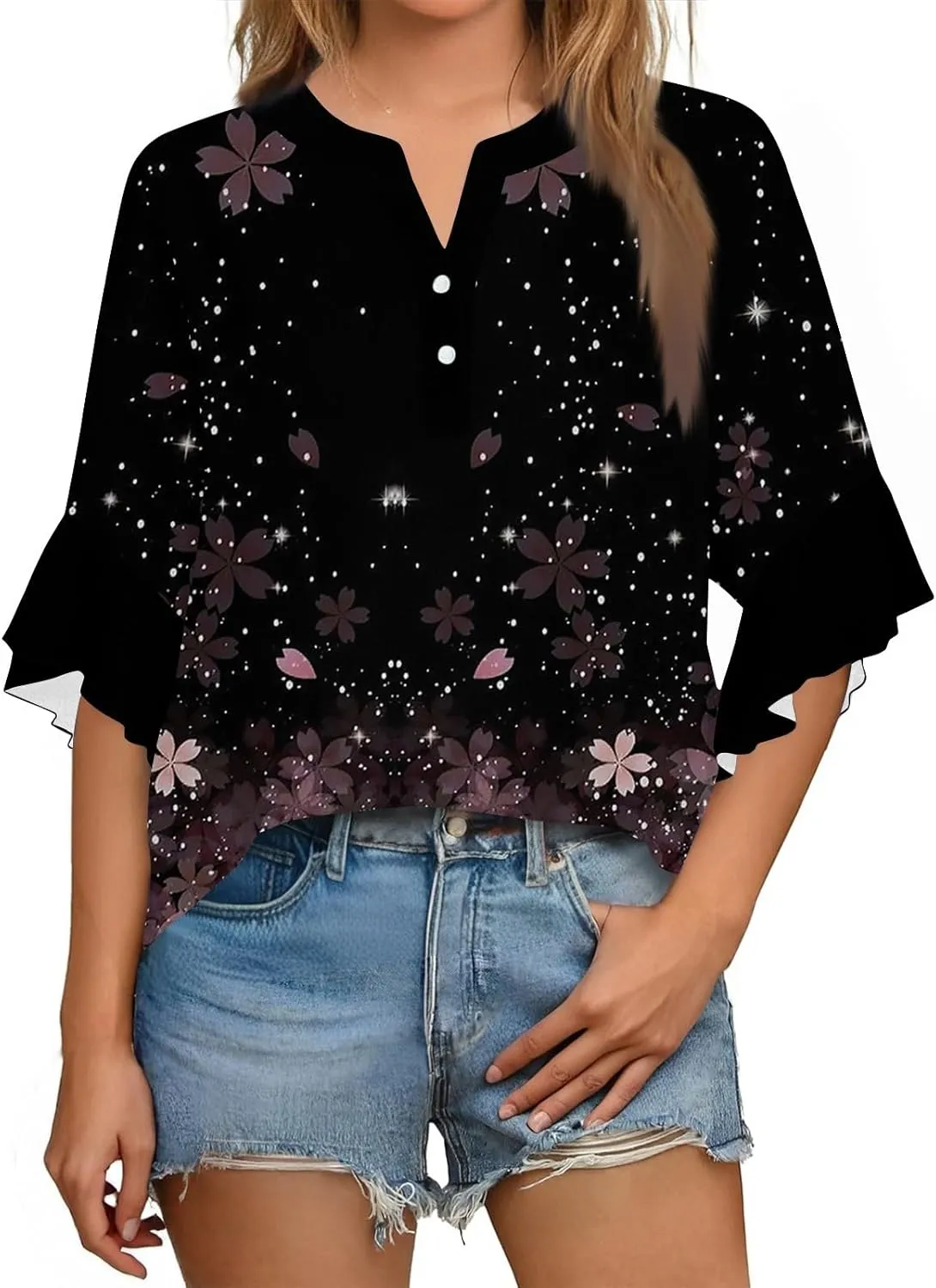 3/4 Length Sleeve Summer Workout Tops For Women, Womens V Neck Button-Down Shirts Ruffle Clothes Blouses