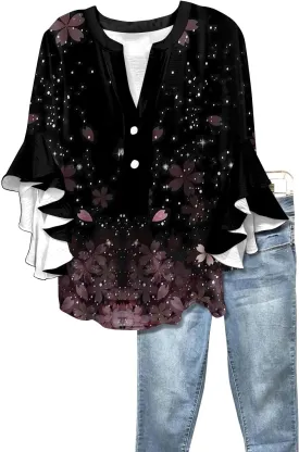 3/4 Length Sleeve Summer Workout Tops For Women, Womens V Neck Button-Down Shirts Ruffle Clothes Blouses