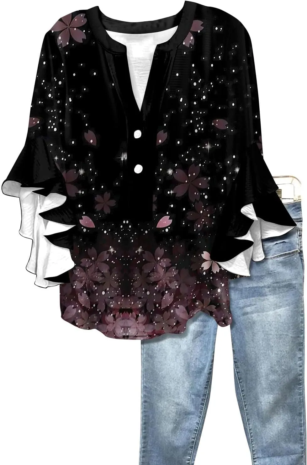 3/4 Length Sleeve Summer Workout Tops For Women, Womens V Neck Button-Down Shirts Ruffle Clothes Blouses