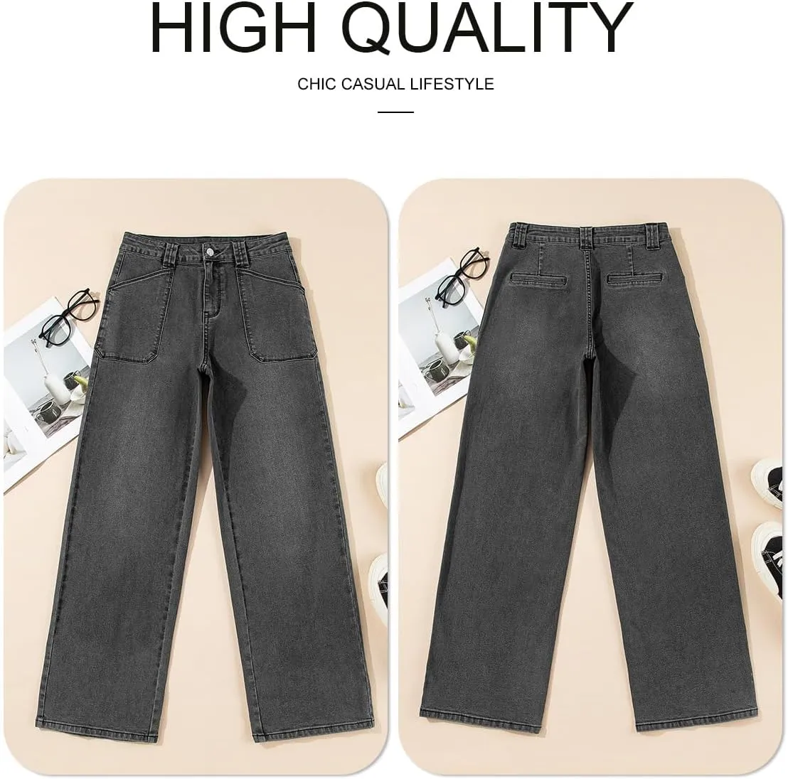 Astylish Womens High Waisted Straight Leg Jeans Stretchy Wide Leg Jeans Trendy Denim Pants