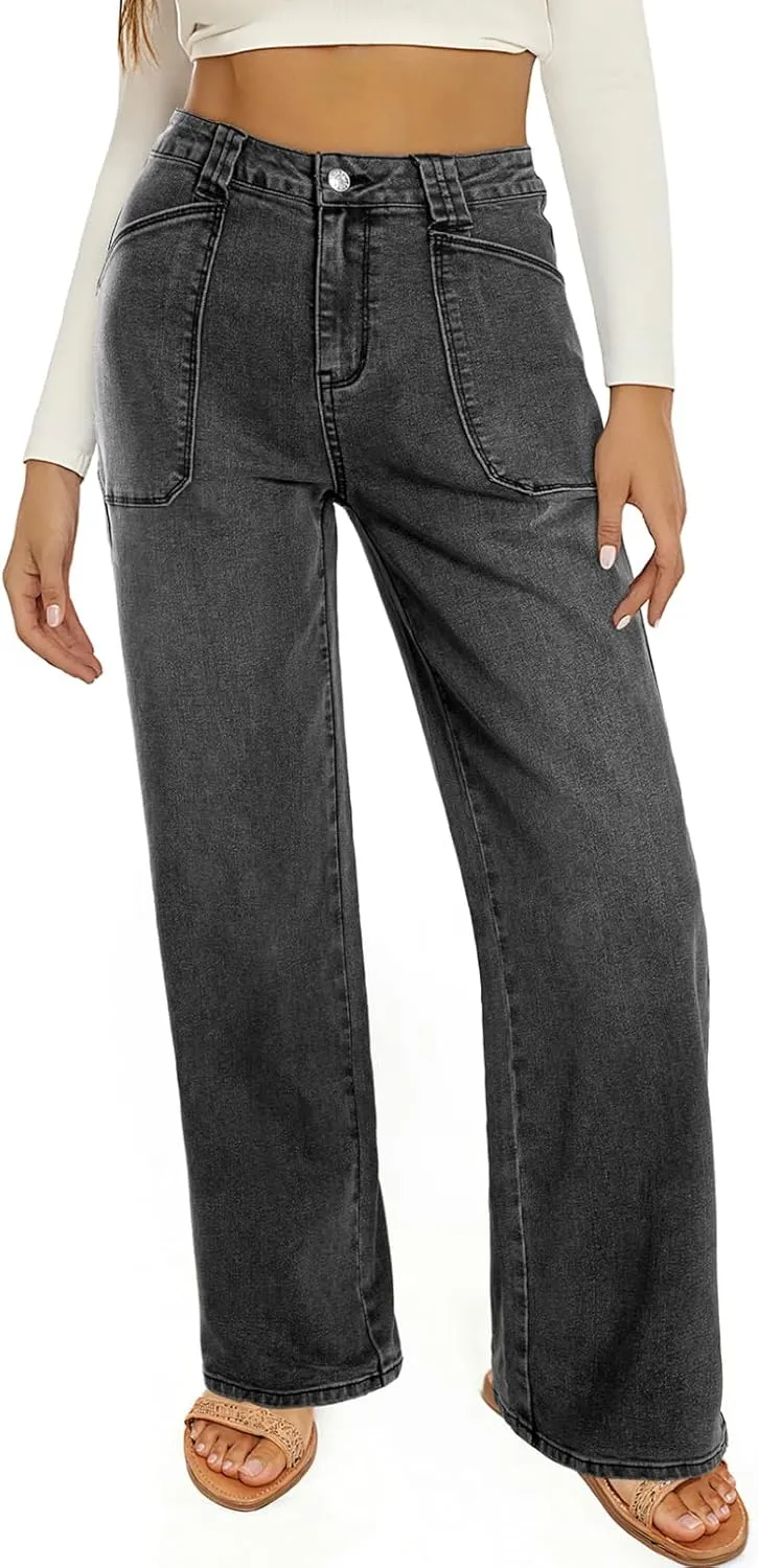 Astylish Womens High Waisted Straight Leg Jeans Stretchy Wide Leg Jeans Trendy Denim Pants