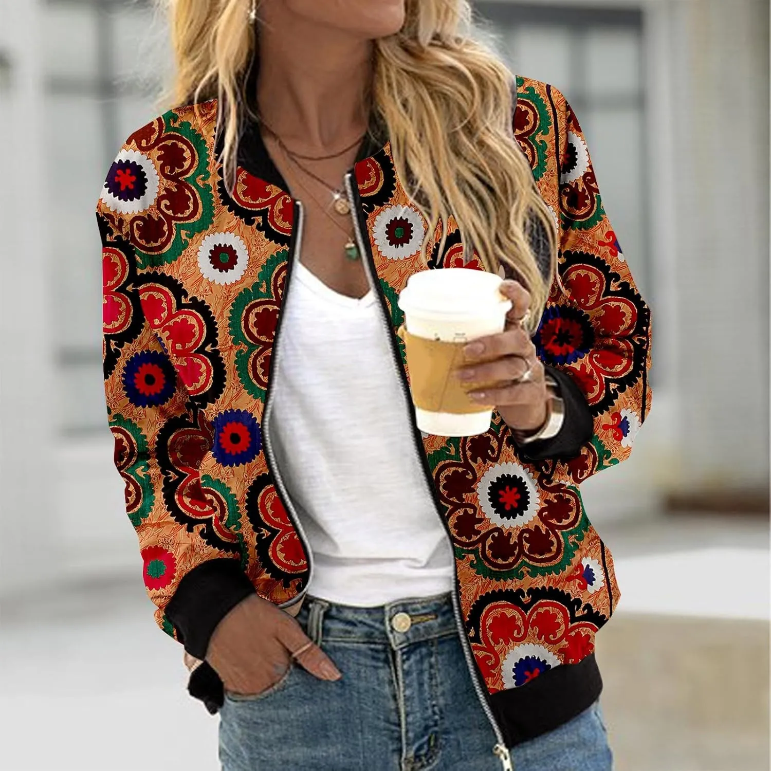 Baseball Jacket Coat for Women Thin Pocket Jacket Blouse Varsity Coat Baseball Top Floral Jackets for Women Fall 2024