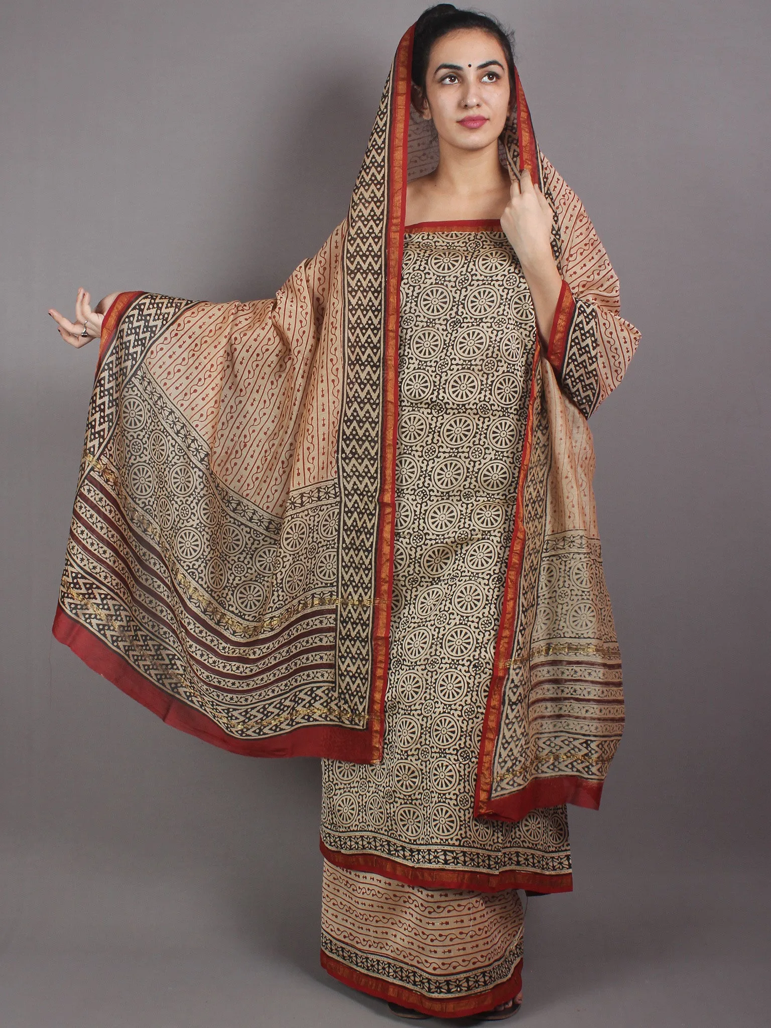 Beige Black Red Hand Block Printed Chanderi Kurta-Salwar Fabric With Chanderi Dupatta - S1628024