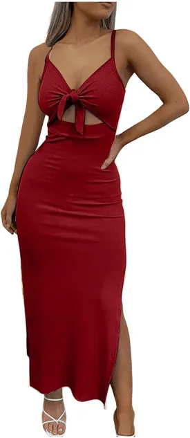 Bodycon Dresses for Women Tie Knot Cut Out Side Split Hem Sleeveless Knit Bodycon Maxi Dress
