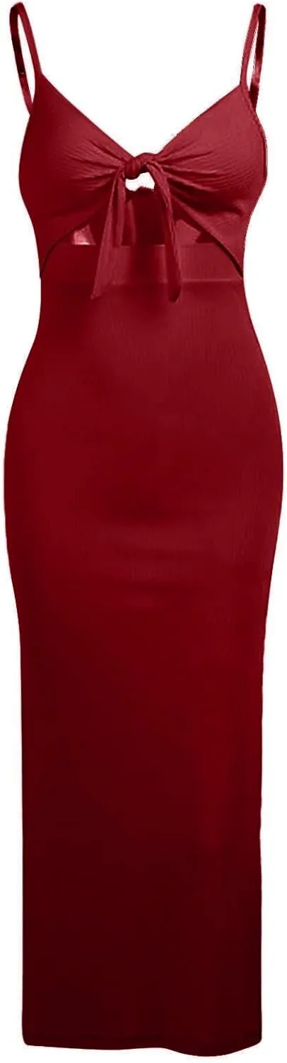 Bodycon Dresses for Women Tie Knot Cut Out Side Split Hem Sleeveless Knit Bodycon Maxi Dress