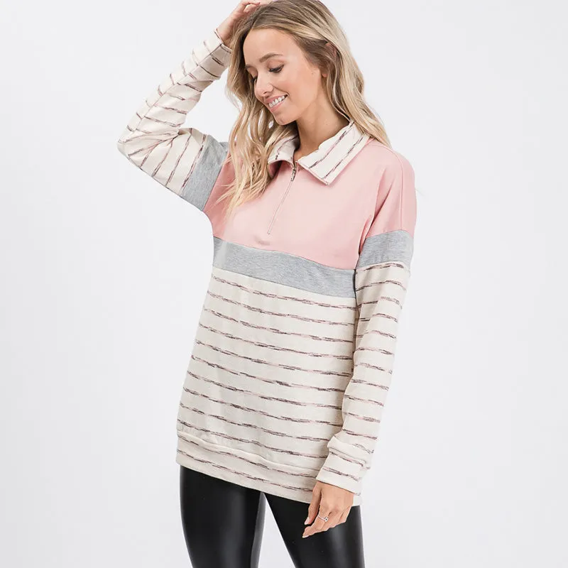 Cara Colour Block Zip Sweatshirt Pink
