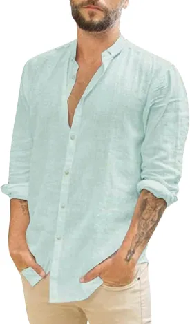 Casual Long Sleeve Linen Shirt Mens Roll Sleeve Hawaiian Wedding Camping Party T-Shirts Beach Vacation Summer Tees