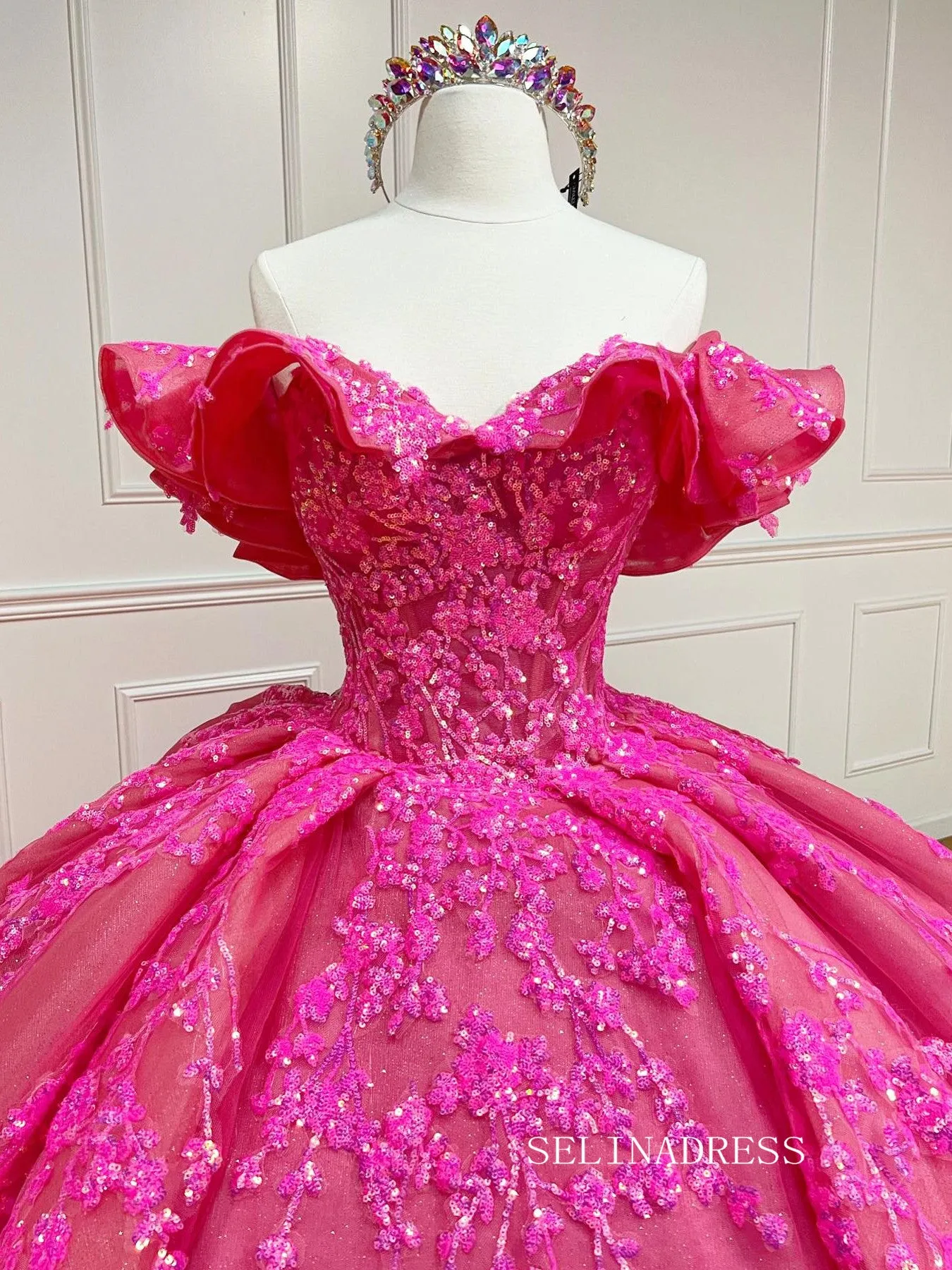 Chic Beautiful Pink Quincedress Ball Gown Wedding Dresses Sequins Evening Gowns LPK109