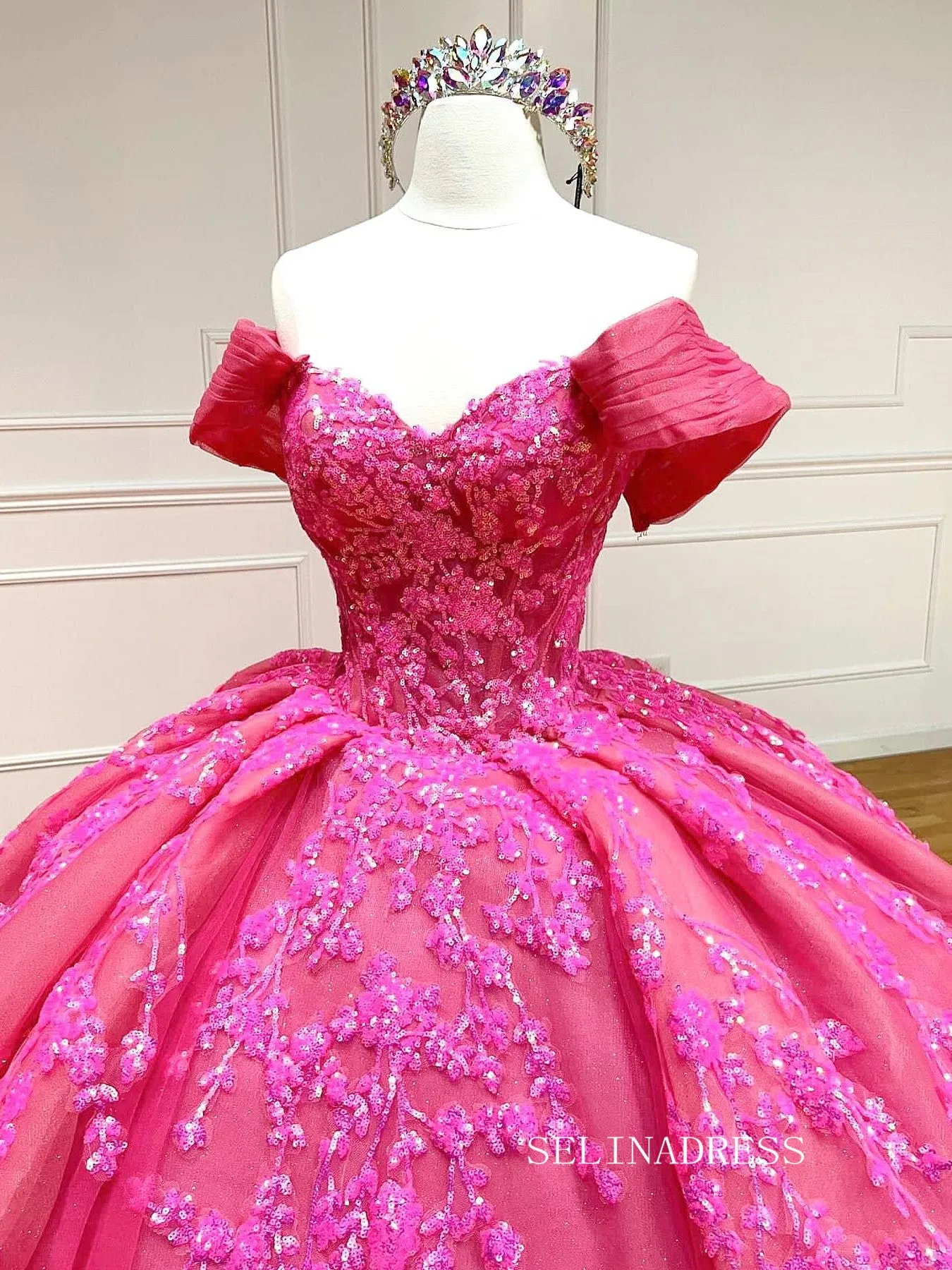 Chic Beautiful Pink Quincedress Ball Gown Wedding Dresses Sequins Evening Gowns LPK109