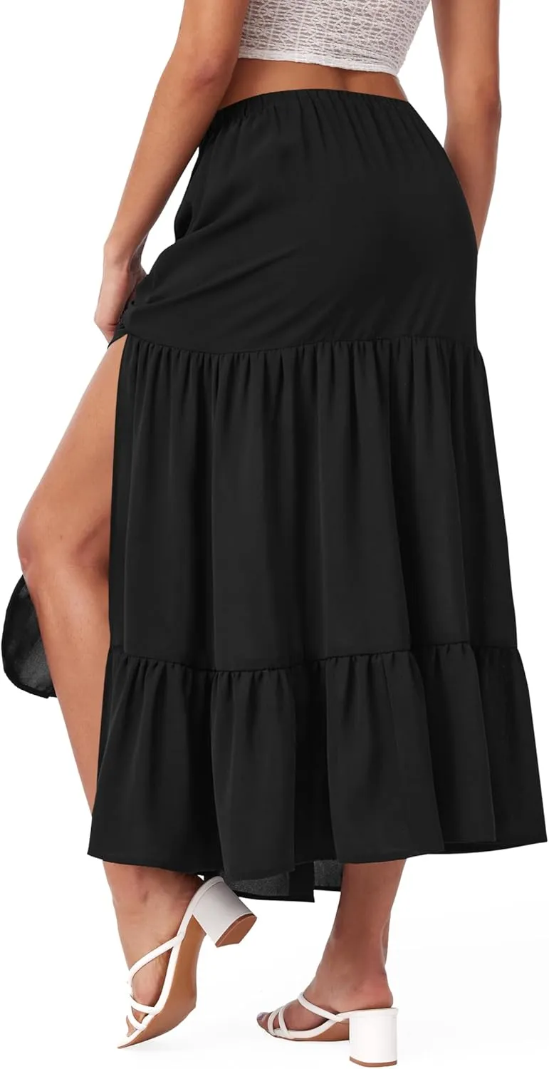 CIDER Midi Skirts for Women Split Hem Elastic High Waistd Boho Flowy Long Maxi Skirts