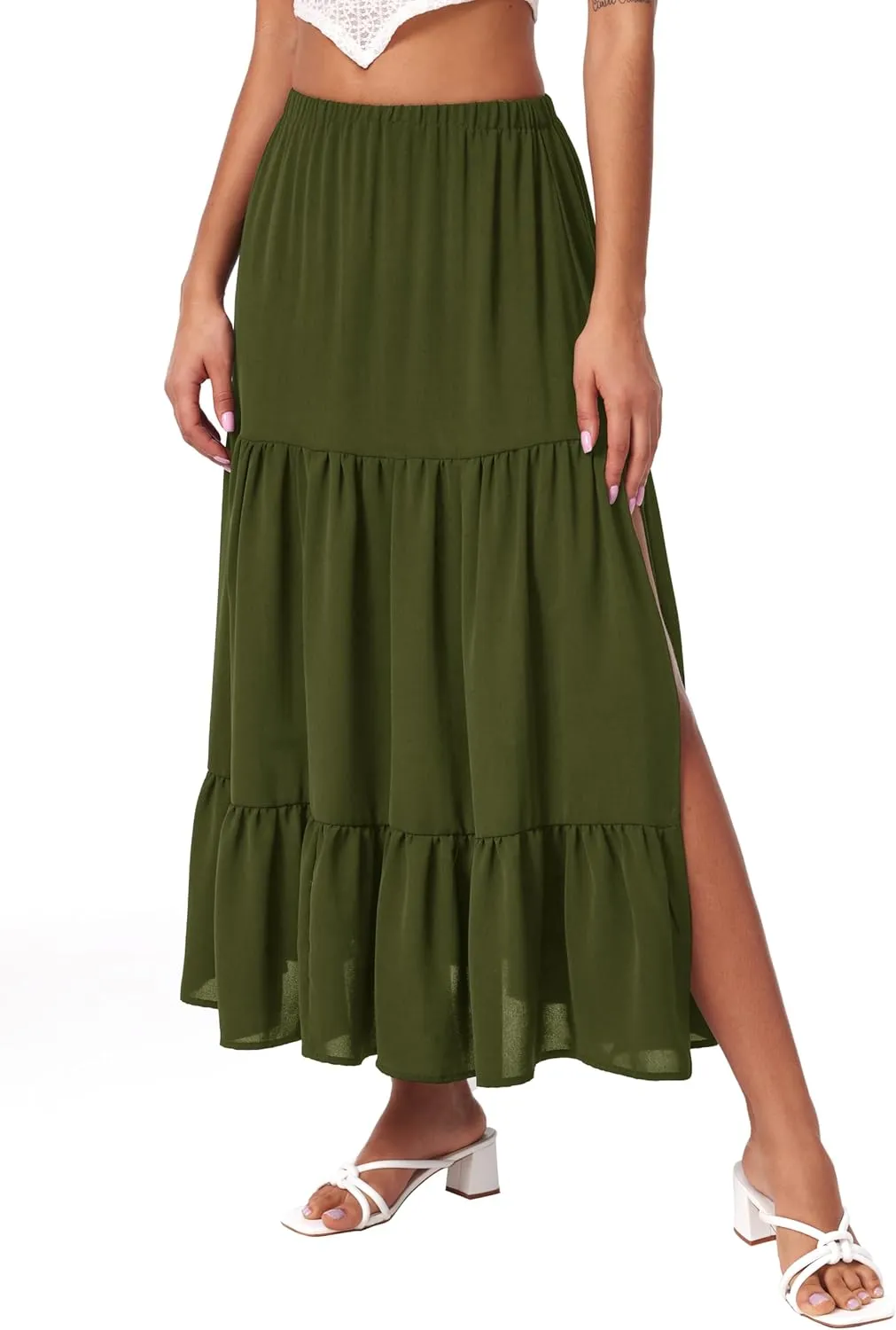 CIDER Midi Skirts for Women Split Hem Elastic High Waistd Boho Flowy Long Maxi Skirts