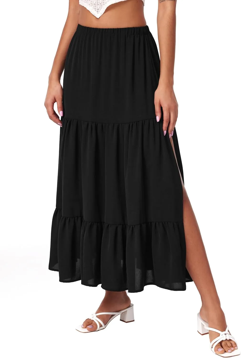 CIDER Midi Skirts for Women Split Hem Elastic High Waistd Boho Flowy Long Maxi Skirts