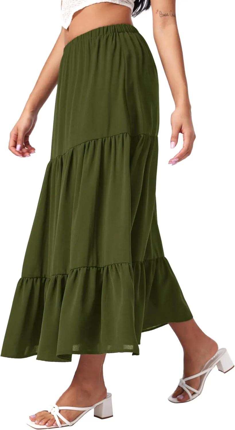 CIDER Midi Skirts for Women Split Hem Elastic High Waistd Boho Flowy Long Maxi Skirts