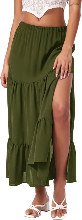 CIDER Midi Skirts for Women Split Hem Elastic High Waistd Boho Flowy Long Maxi Skirts