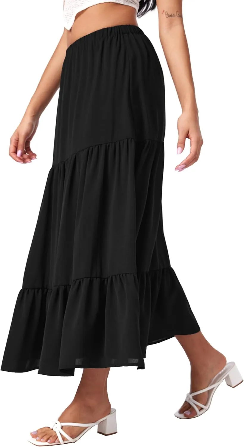 CIDER Midi Skirts for Women Split Hem Elastic High Waistd Boho Flowy Long Maxi Skirts