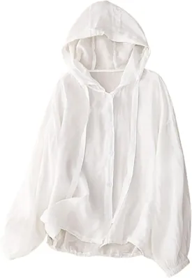 Cotton Linen Hoodie Tops Womens 2025 Summer Hooded Long Sleeve Shirts Ladies Dressy Casual Button Down Blouses Tees