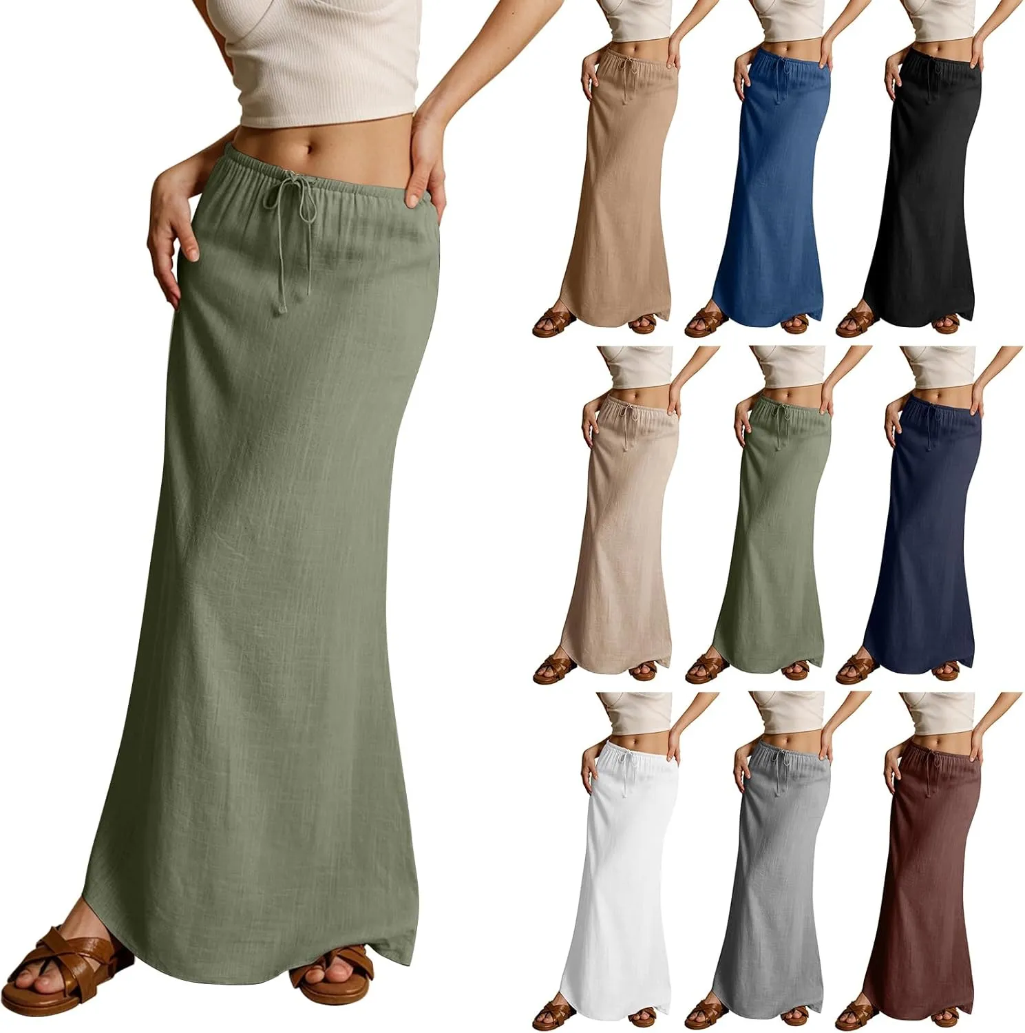 Cotton Linen Skirts for Women Maxi Length Summer Skirts Low Rise A-Line Casual Drawstring Long Flowy Loose Beach Skirt