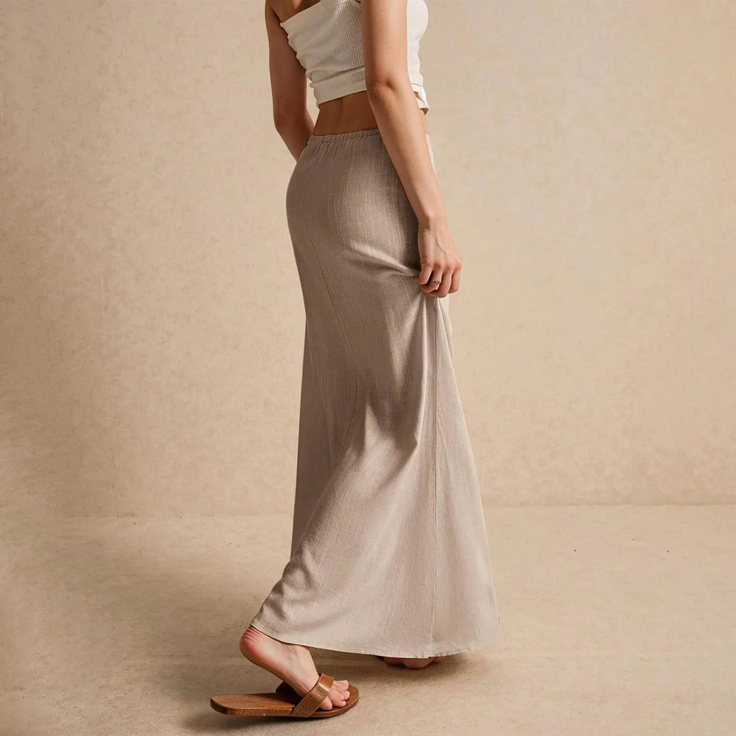 Cotton Linen Skirts for Women Maxi Length Summer Skirts Low Rise A-Line Casual Drawstring Long Flowy Loose Beach Skirt