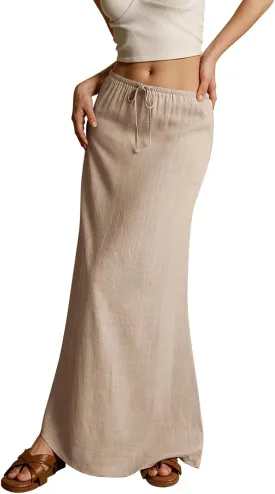 Cotton Linen Skirts for Women Maxi Length Summer Skirts Low Rise A-Line Casual Drawstring Long Flowy Loose Beach Skirt