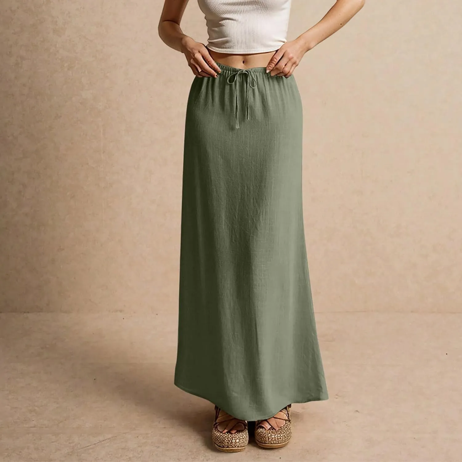 Cotton Linen Skirts for Women Maxi Length Summer Skirts Low Rise A-Line Casual Drawstring Long Flowy Loose Beach Skirt