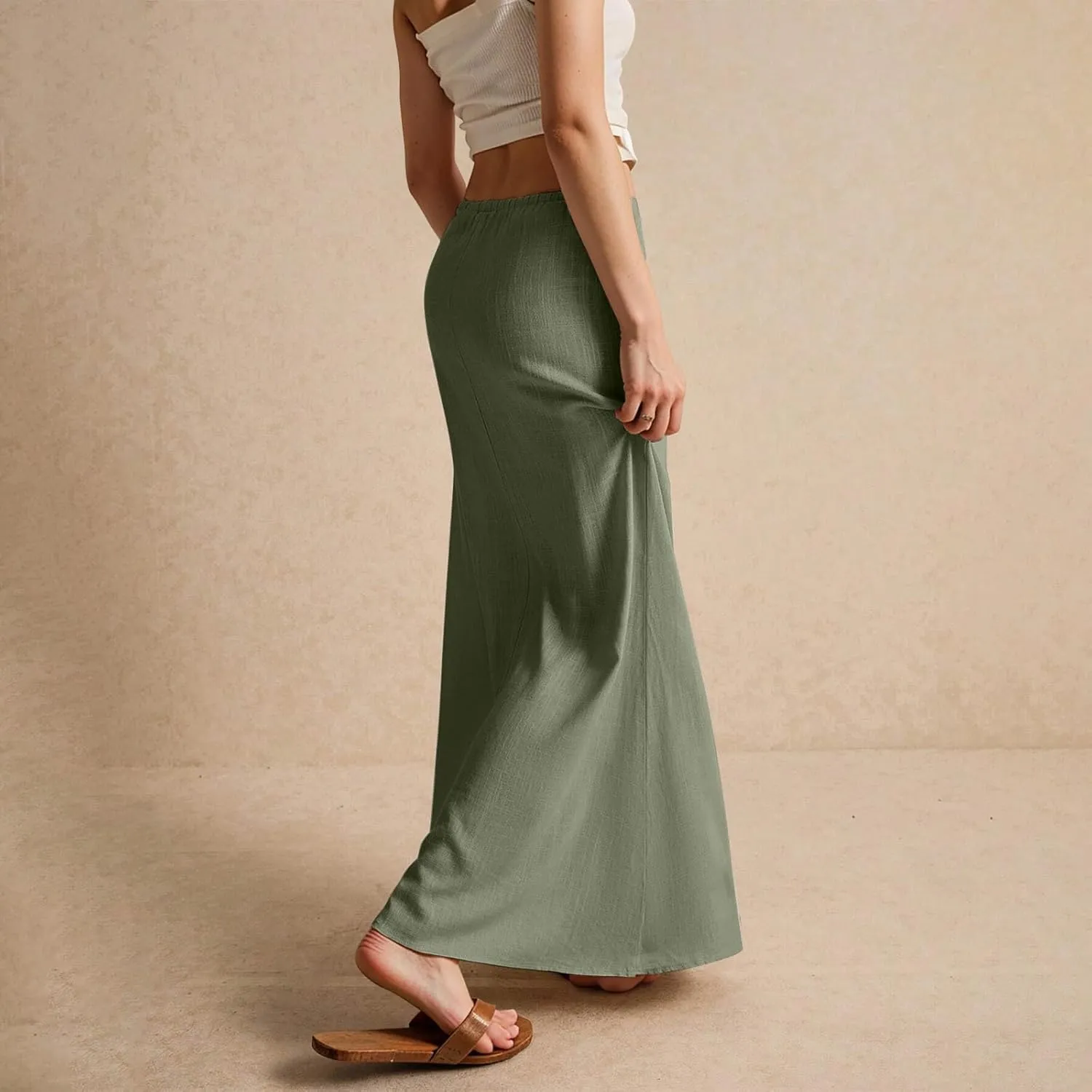 Cotton Linen Skirts for Women Maxi Length Summer Skirts Low Rise A-Line Casual Drawstring Long Flowy Loose Beach Skirt