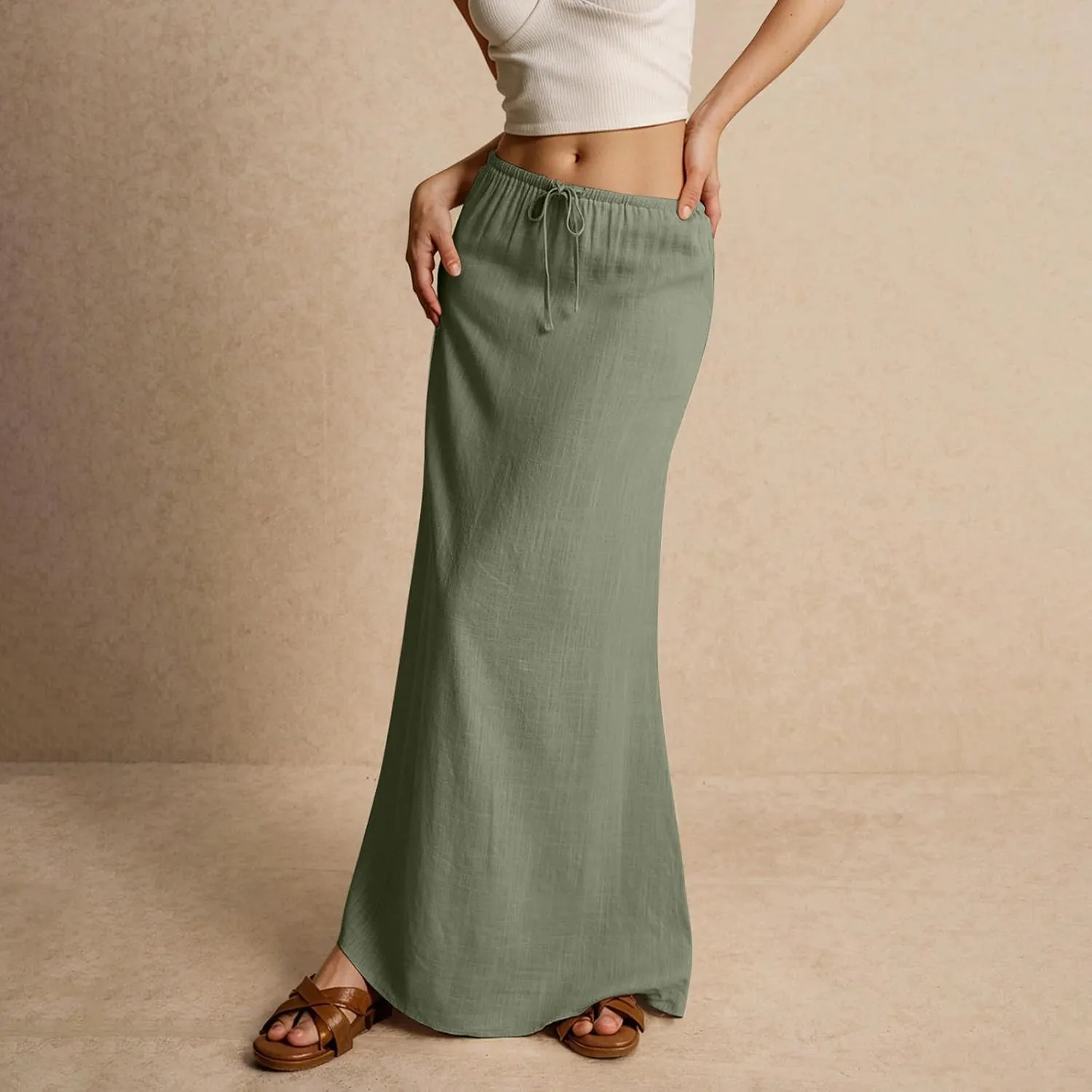Cotton Linen Skirts for Women Maxi Length Summer Skirts Low Rise A-Line Casual Drawstring Long Flowy Loose Beach Skirt