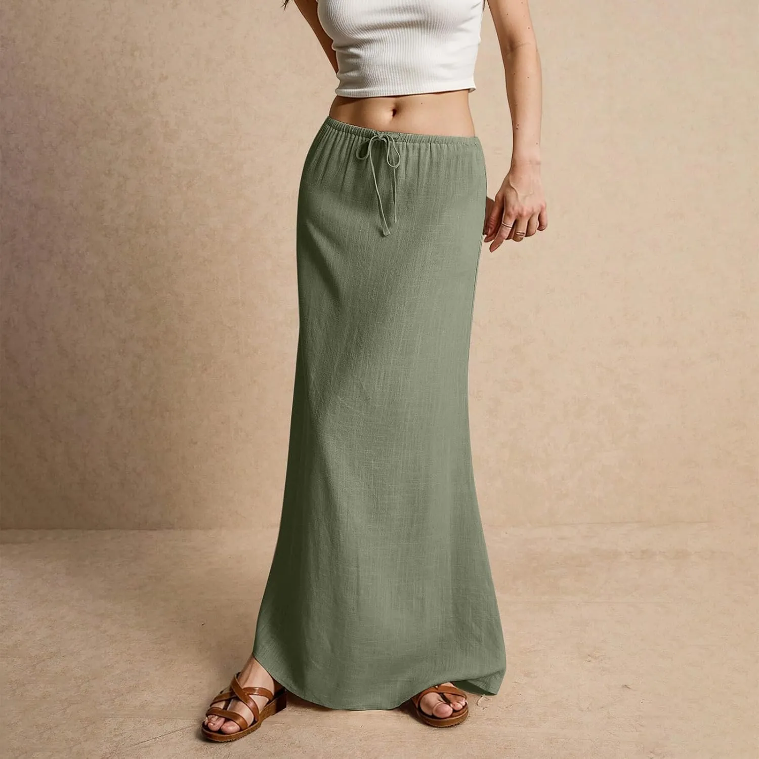 Cotton Linen Skirts for Women Maxi Length Summer Skirts Low Rise A-Line Casual Drawstring Long Flowy Loose Beach Skirt