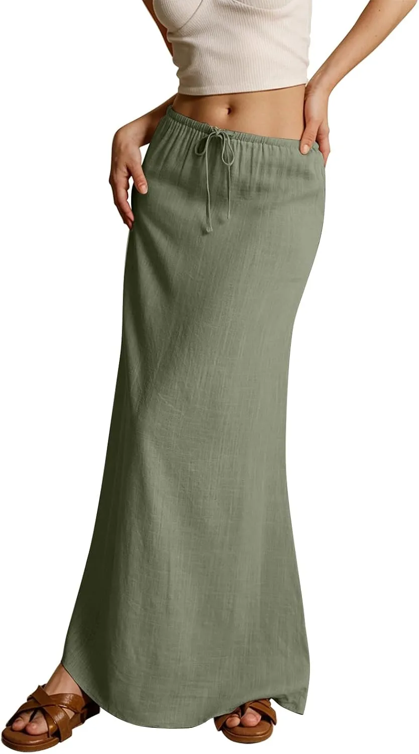 Cotton Linen Skirts for Women Maxi Length Summer Skirts Low Rise A-Line Casual Drawstring Long Flowy Loose Beach Skirt