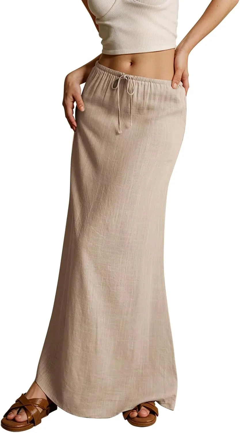 Cotton Linen Skirts for Women Maxi Length Summer Skirts Low Rise A-Line Casual Drawstring Long Flowy Loose Beach Skirt