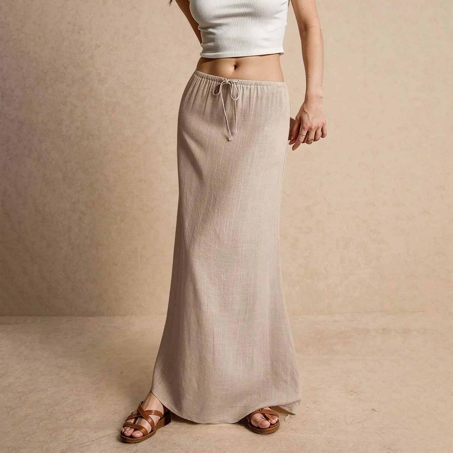 Cotton Linen Skirts for Women Maxi Length Summer Skirts Low Rise A-Line Casual Drawstring Long Flowy Loose Beach Skirt