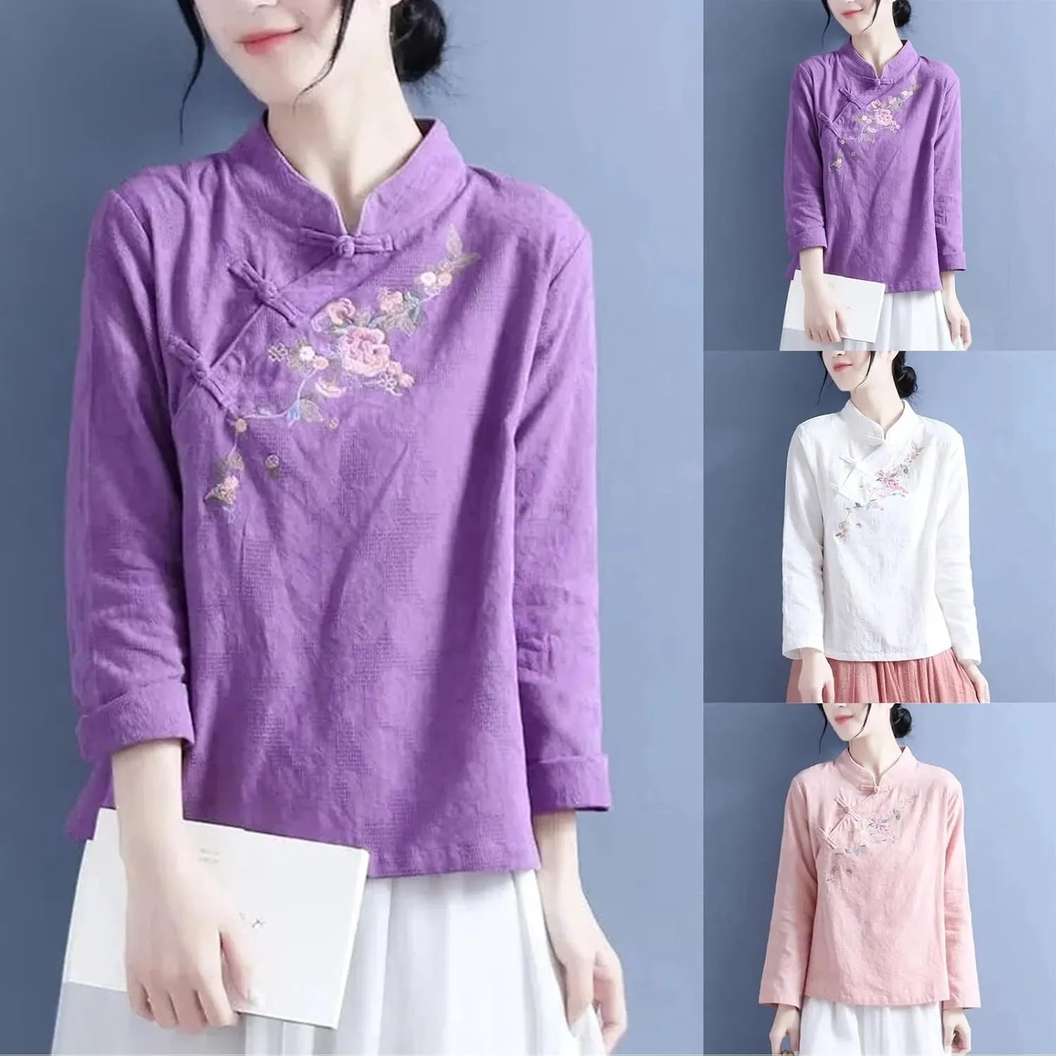 Embroidery Qipao Shirts Womens Traditional Tang Suits Long Sleeve Mandarin Collar Casual Chinese Cheongsam Tops