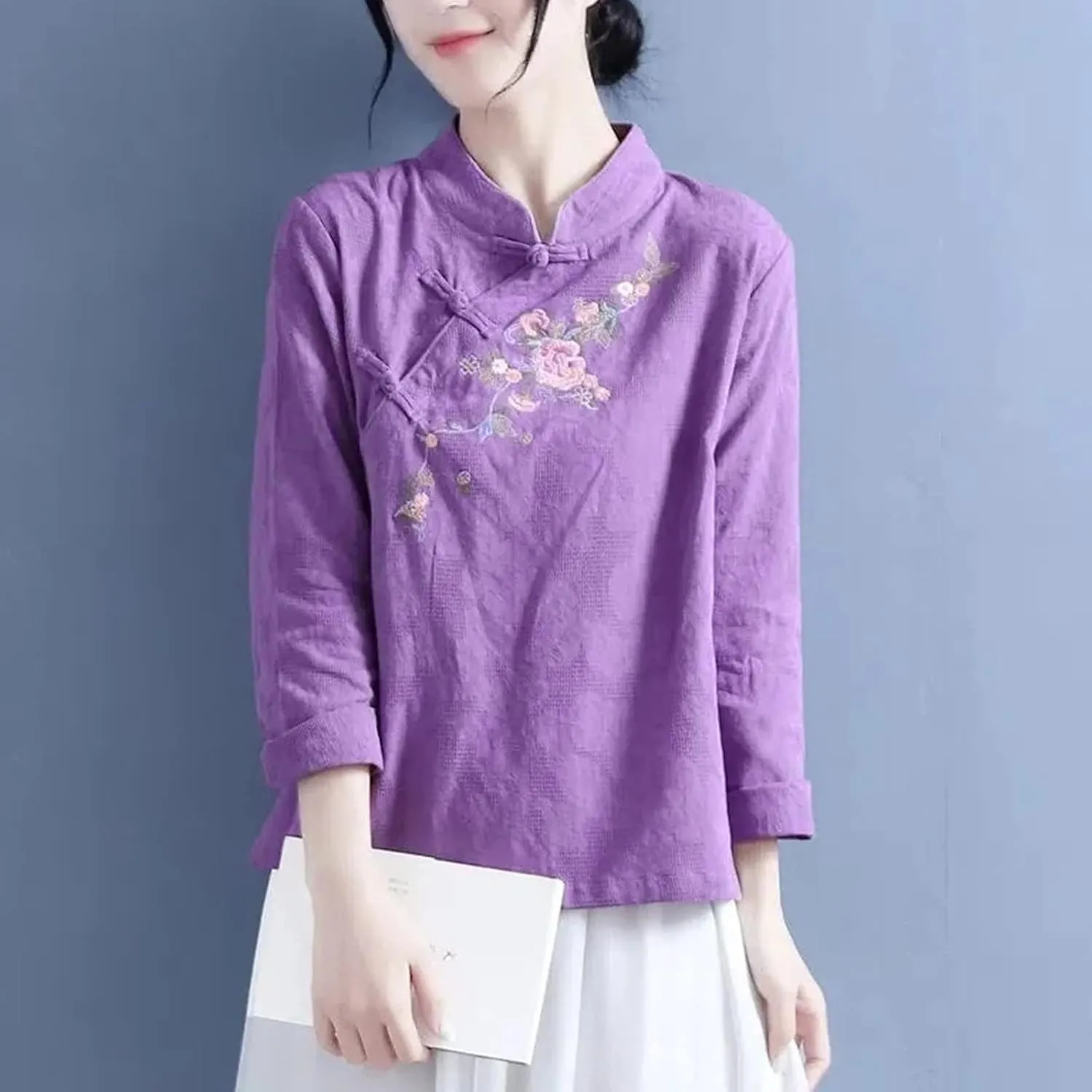 Embroidery Qipao Shirts Womens Traditional Tang Suits Long Sleeve Mandarin Collar Casual Chinese Cheongsam Tops
