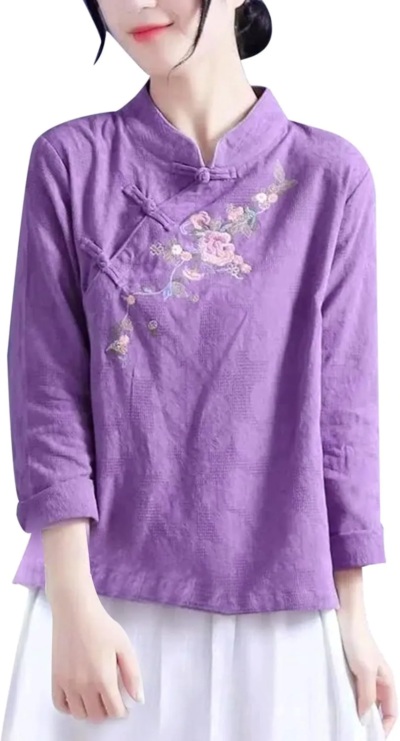 Embroidery Qipao Shirts Womens Traditional Tang Suits Long Sleeve Mandarin Collar Casual Chinese Cheongsam Tops