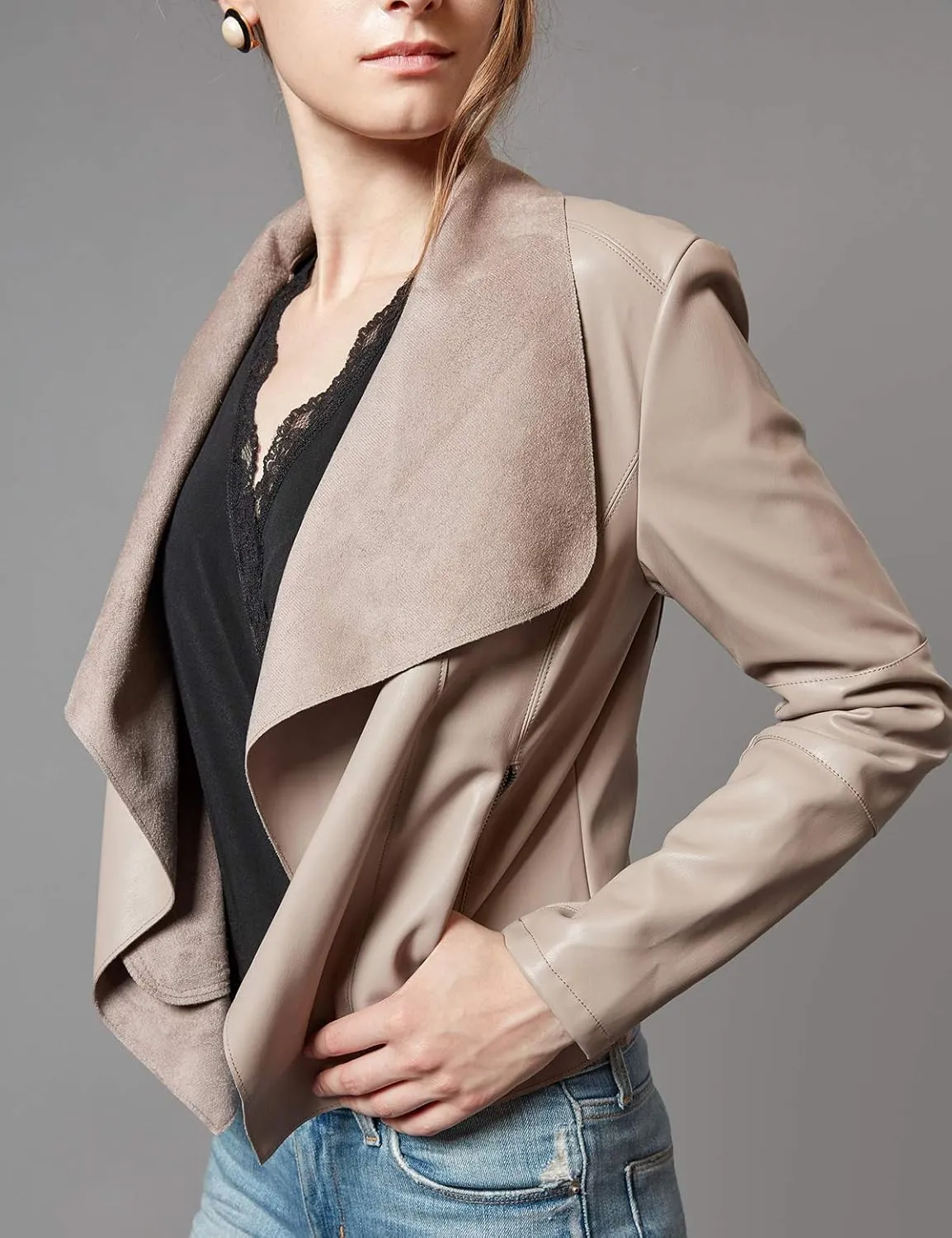 Escalier Women's Faux Leather Jackets Slim Open Front Lapel Blazer Jackets
