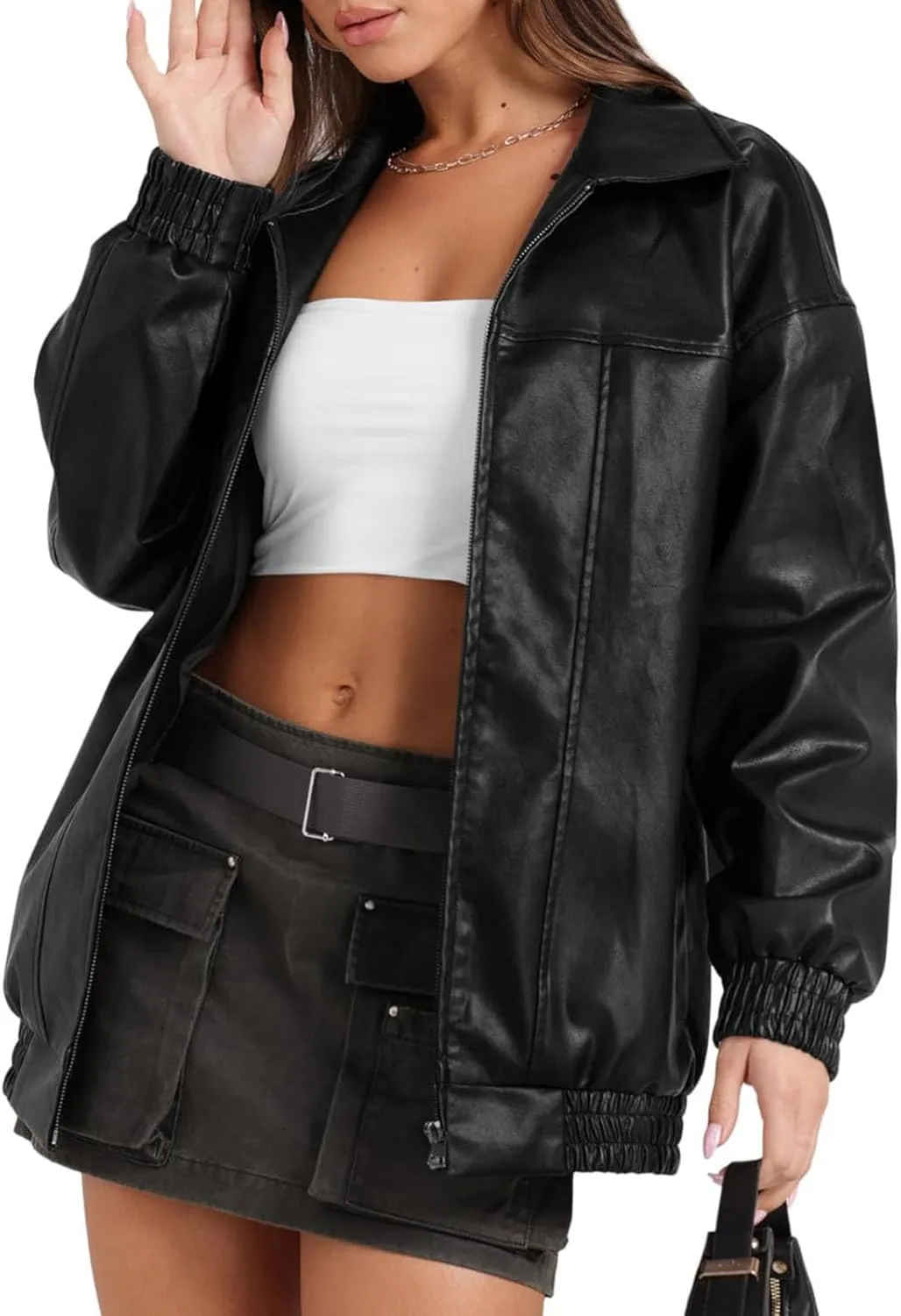 Faux Leather Jacket for Women Lapel Oversized Motorcycle Jacket Zip Up Bomber Coats Winter Fashion 2025 Fall Outfits