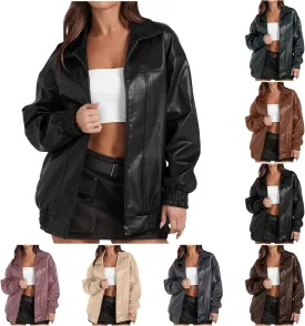 Faux Leather Jacket for Women Lapel Oversized Motorcycle Jacket Zip Up Bomber Coats Winter Fashion 2025 Fall Outfits