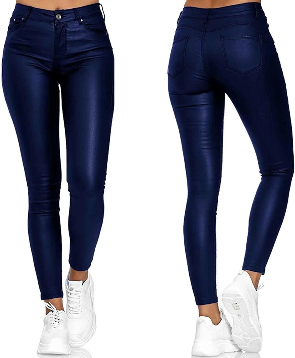 Faux Leather Leggings for Women High Waisted Pants with Pocket Stretch Leggings Trendy Spring Pant Tight Long Trouser