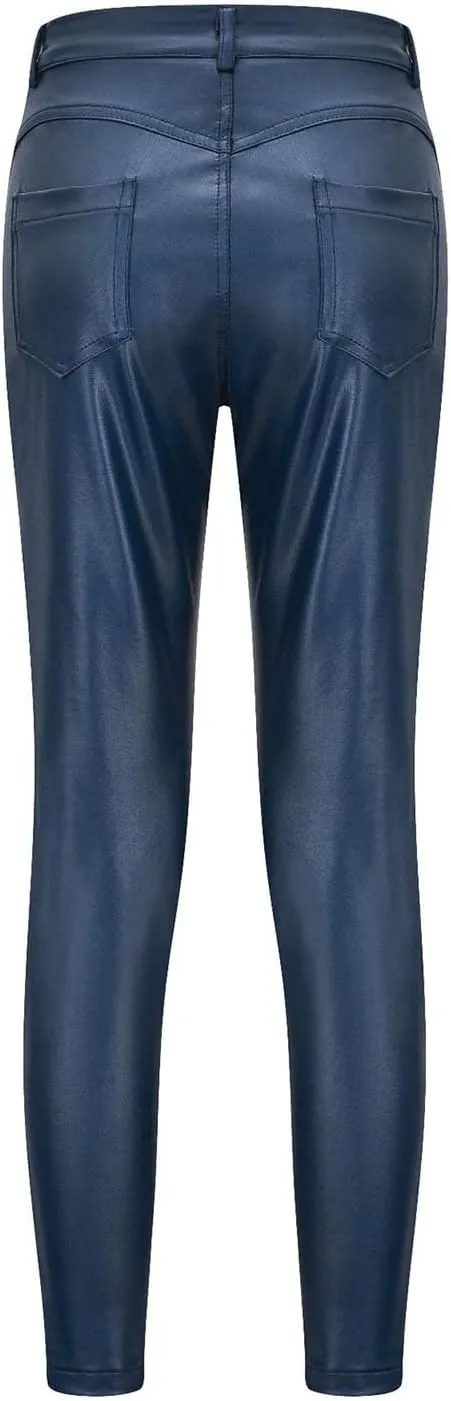 Faux Leather Leggings for Women High Waisted Pants with Pocket Stretch Leggings Trendy Spring Pant Tight Long Trouser