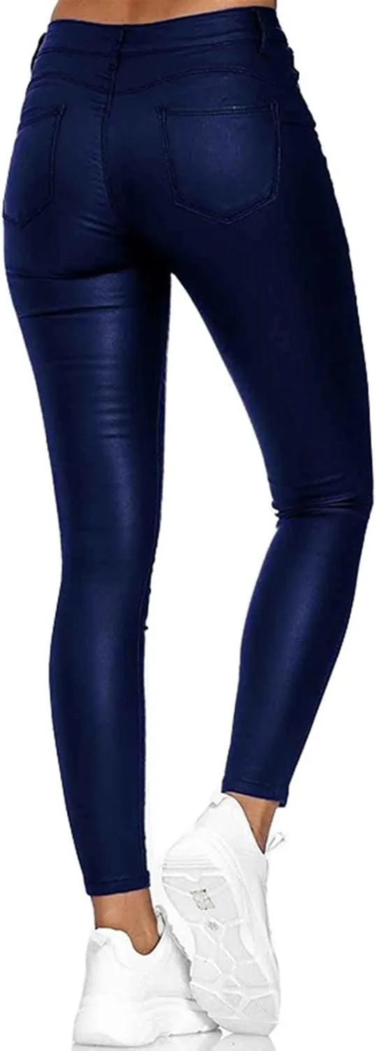 Faux Leather Leggings for Women High Waisted Pants with Pocket Stretch Leggings Trendy Spring Pant Tight Long Trouser