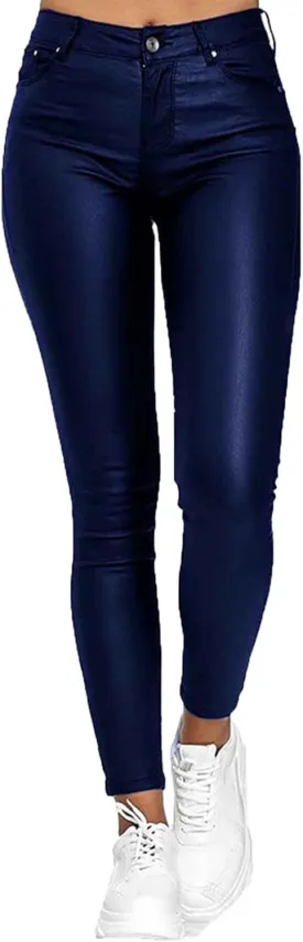 Faux Leather Leggings for Women High Waisted Pants with Pocket Stretch Leggings Trendy Spring Pant Tight Long Trouser