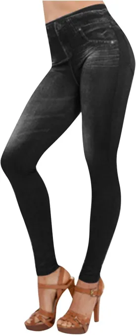 Firzero Women Leggings High Waisted Jean Look Denim Leggings Thick Fake Jean Tummy Control Butt Lifting Pants