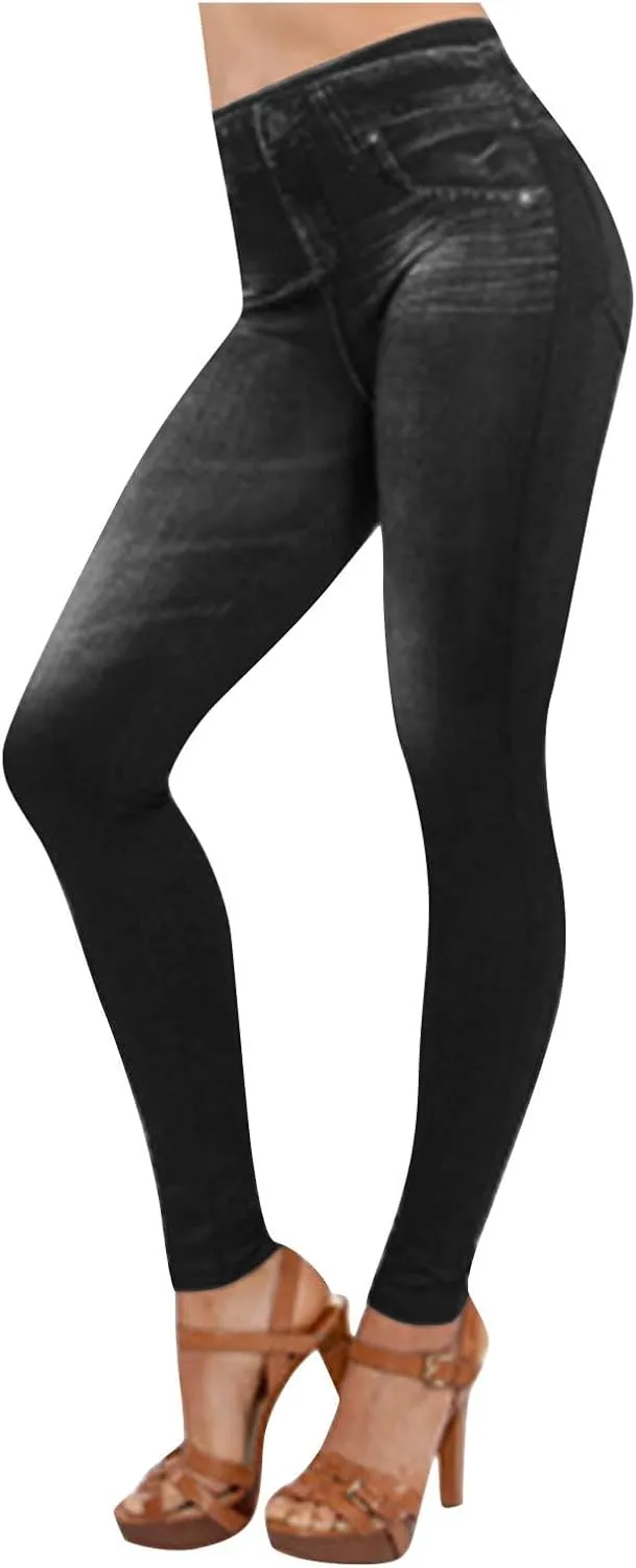 Firzero Women Leggings High Waisted Jean Look Denim Leggings Thick Fake Jean Tummy Control Butt Lifting Pants