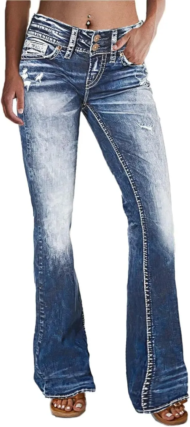 Flamingals Low Rise Jeans for Women Flare Bootcut Jeans Straight Leg Distressed Denim Pants