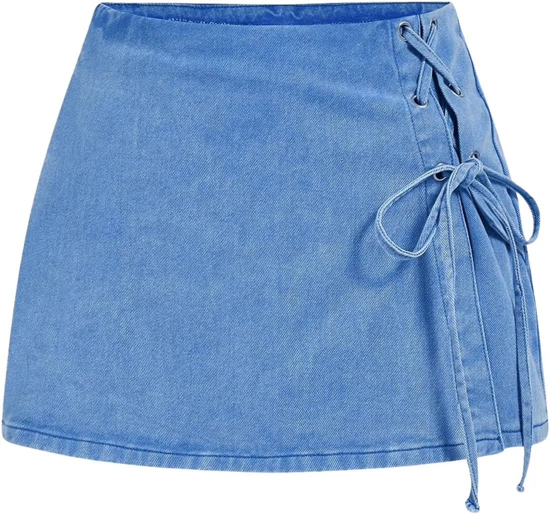 Floerns Women's High Waist Denim Skorts Grommet Eyelet Lace Up Mini Skirt Shorts