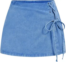 Floerns Women's High Waist Denim Skorts Grommet Eyelet Lace Up Mini Skirt Shorts