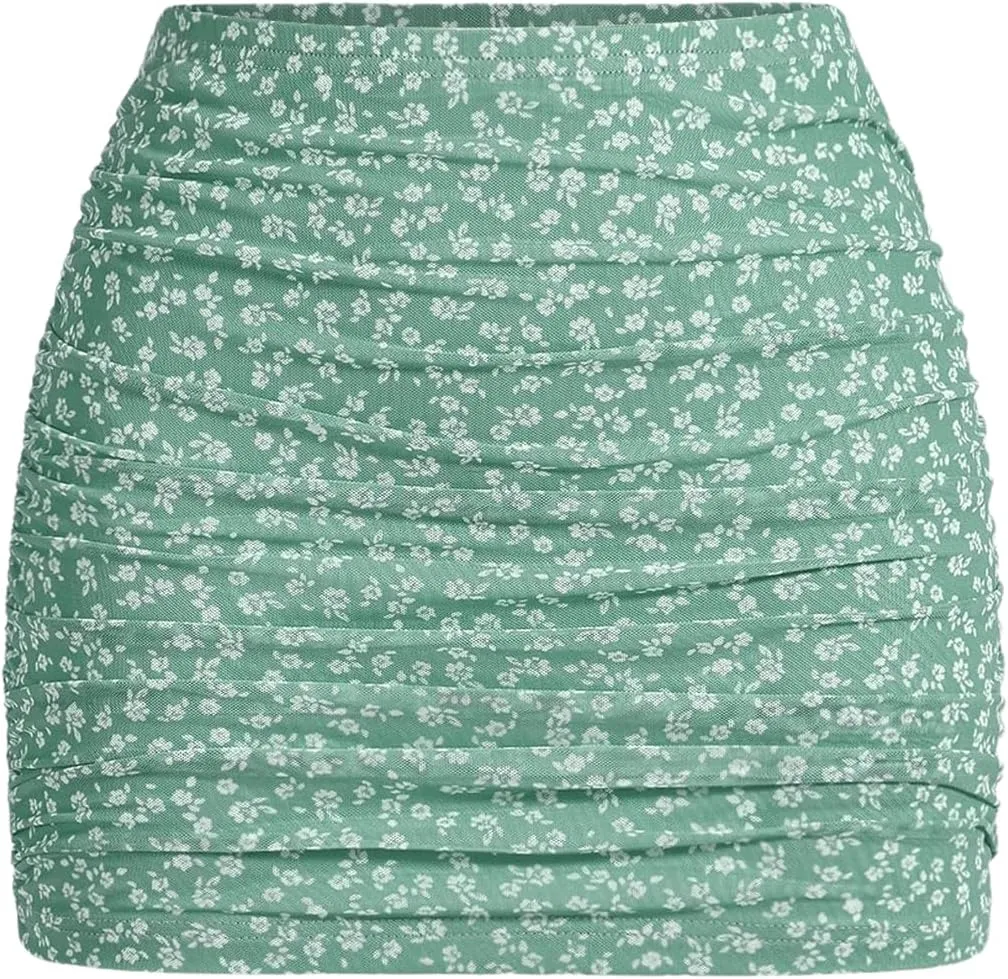 Floerns Women's Ruched Mesh Short Skirts Party Pencil Bodycon Mini Skirts