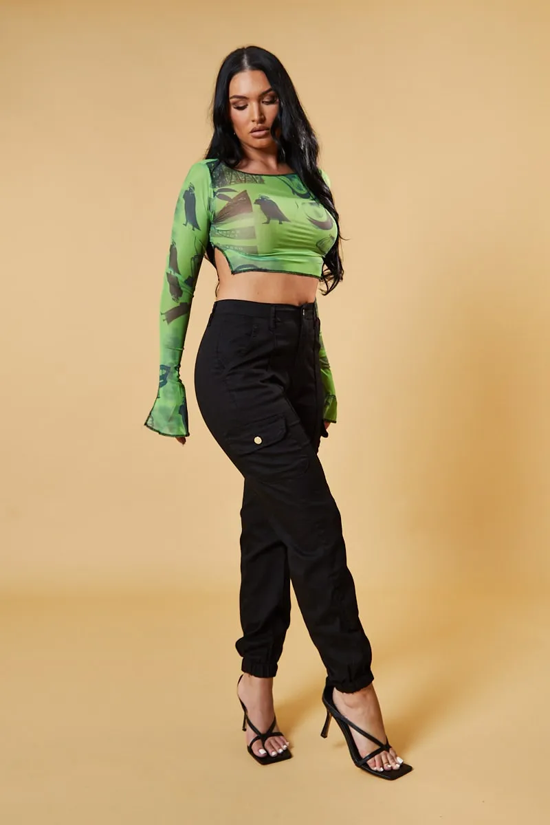 Green Abstract Print Mesh Cropped Top - Cucu