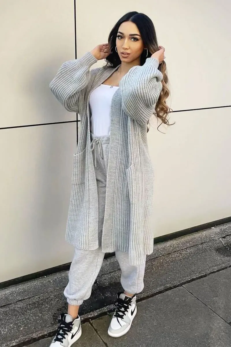 GREY BALLOON SLEEVE LONGLINE KNIT CARDIGAN - ABBIE