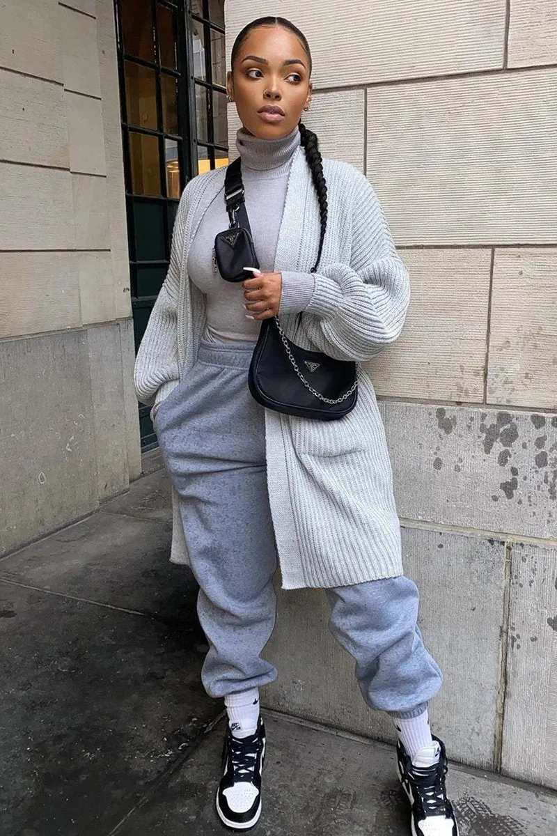 GREY BALLOON SLEEVE LONGLINE KNIT CARDIGAN - ABBIE