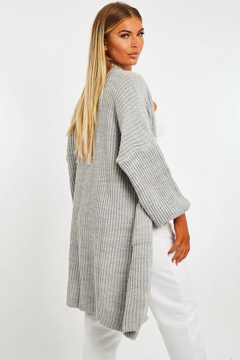 GREY BALLOON SLEEVE LONGLINE KNIT CARDIGAN - ABBIE